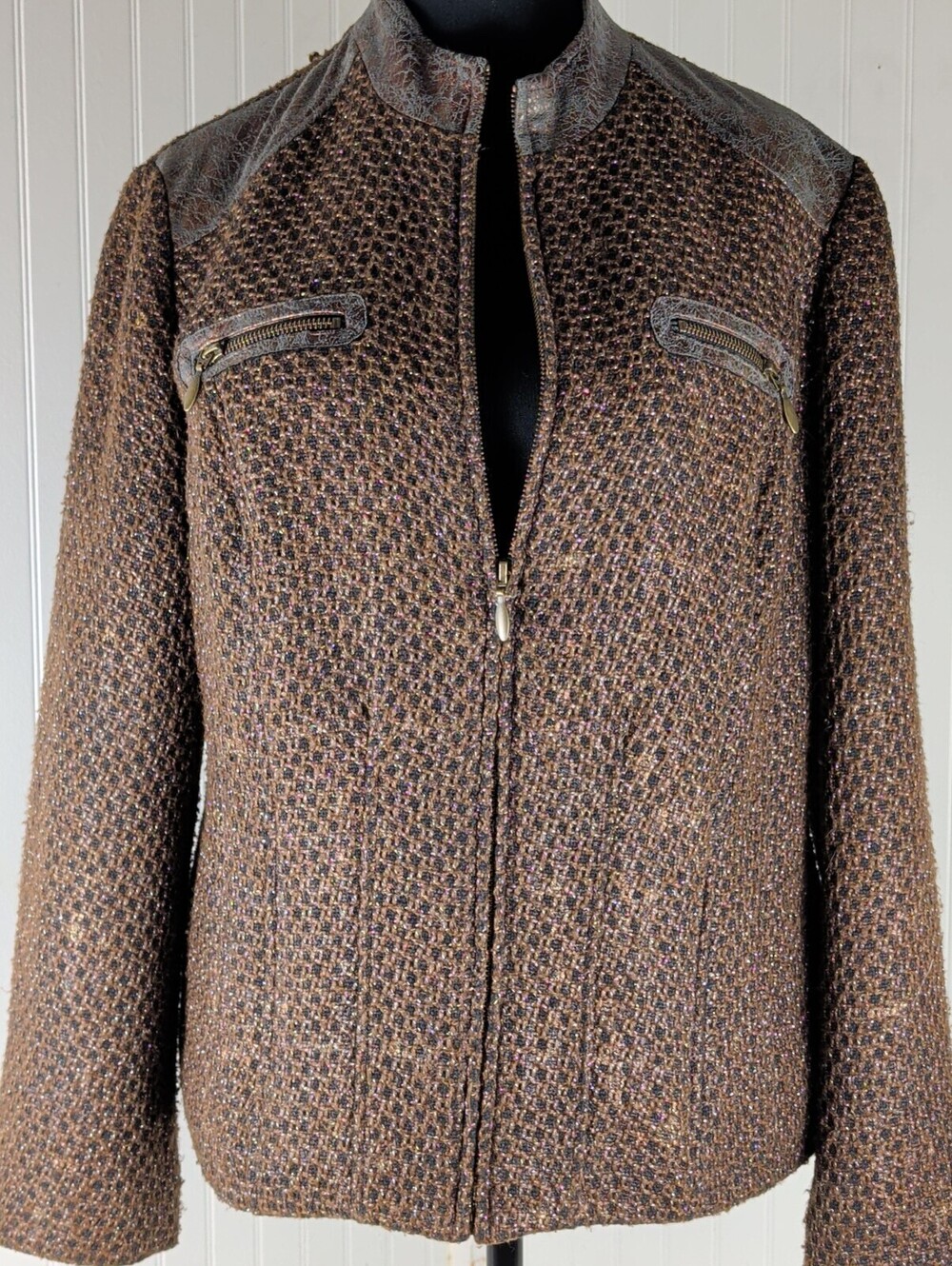 Chico's Kellina Brown Metallic Tweed Moto Jacket Faux Leather Trim Chico/2 Reg12